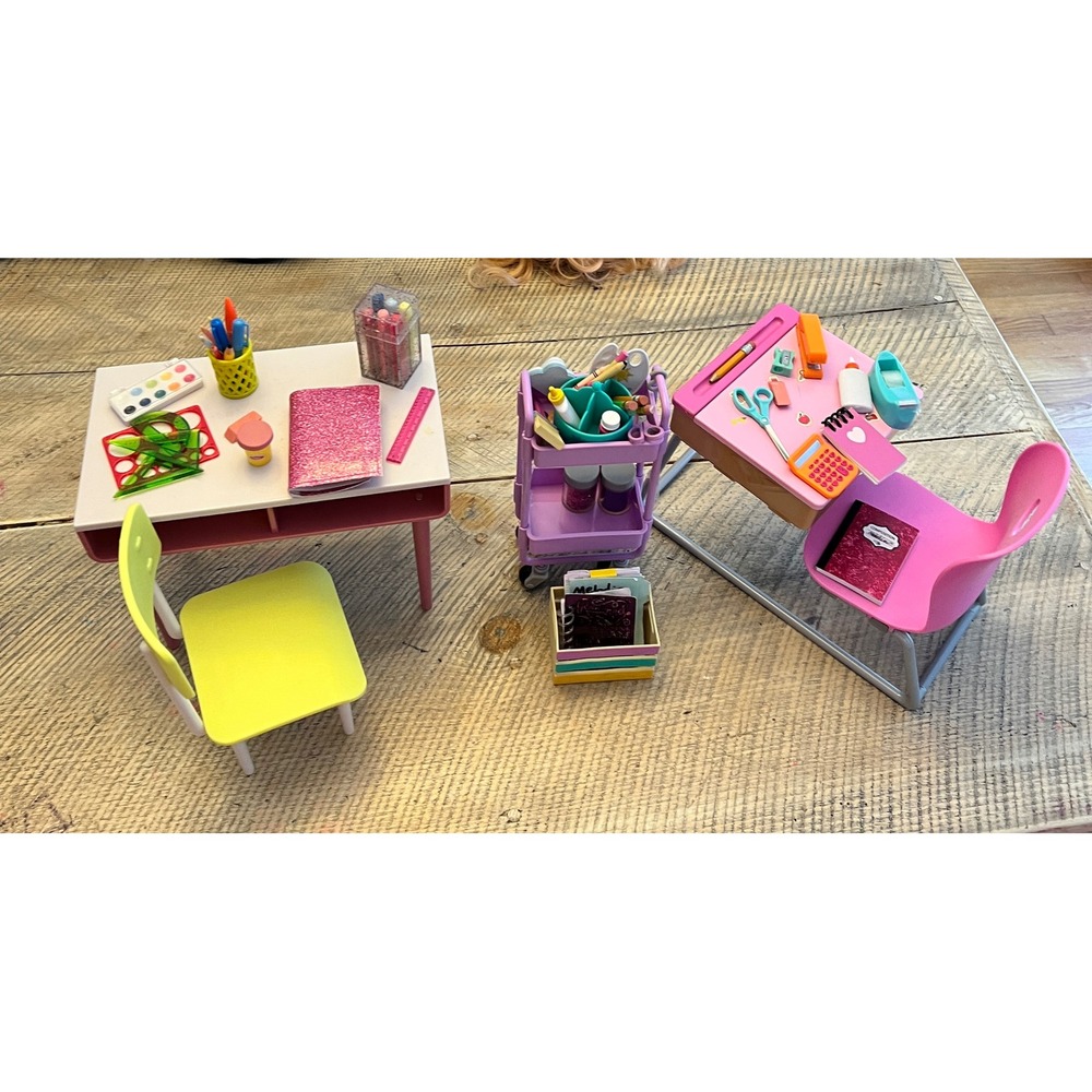 Our Generation Doll School Classroom Desks Chairs Rolling Art Cart & Supplies